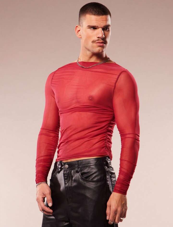 Men's Sheer Mesh V-Neck Slim Fit Cropped Tshirt